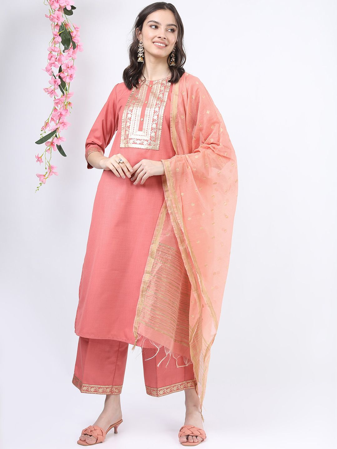 Vishudh Women Coral Yoke Design Kurti with Palazzos & With Dupatta