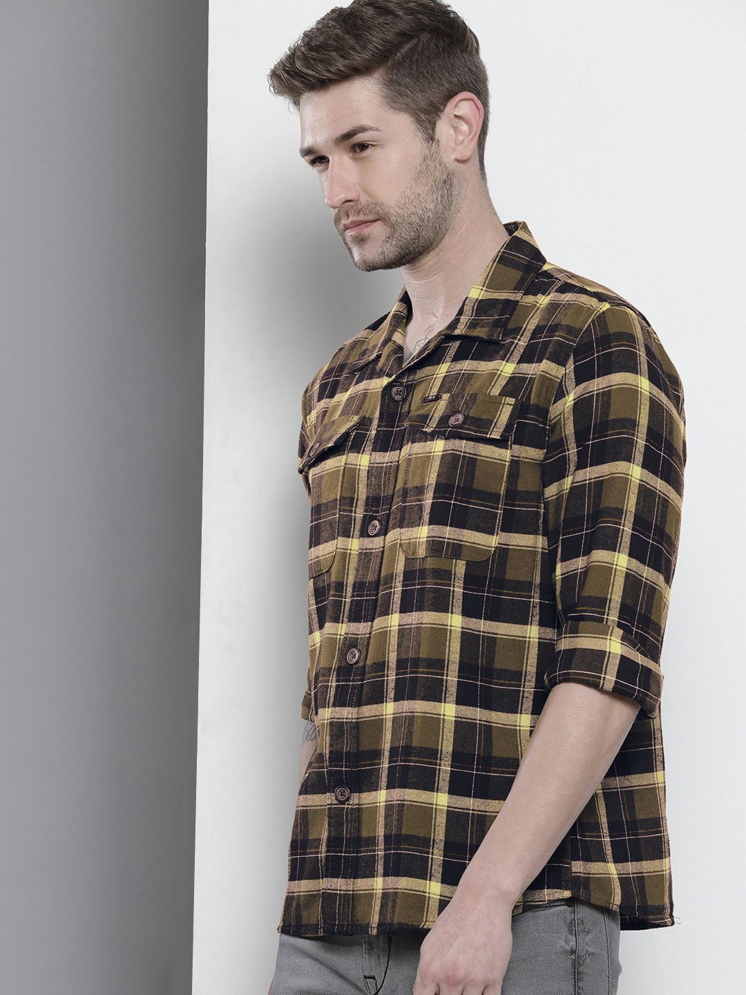 The Indian Garage Co Men Regular Fit Checked Double Flap Pocket Flannel Shirt