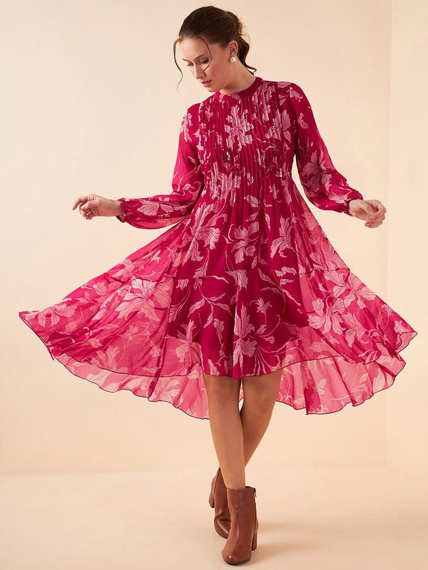 Antheaa Floral Printed High Neck Puff Sleeves Pleated Detailed Chiffon A-Line Midi Dress