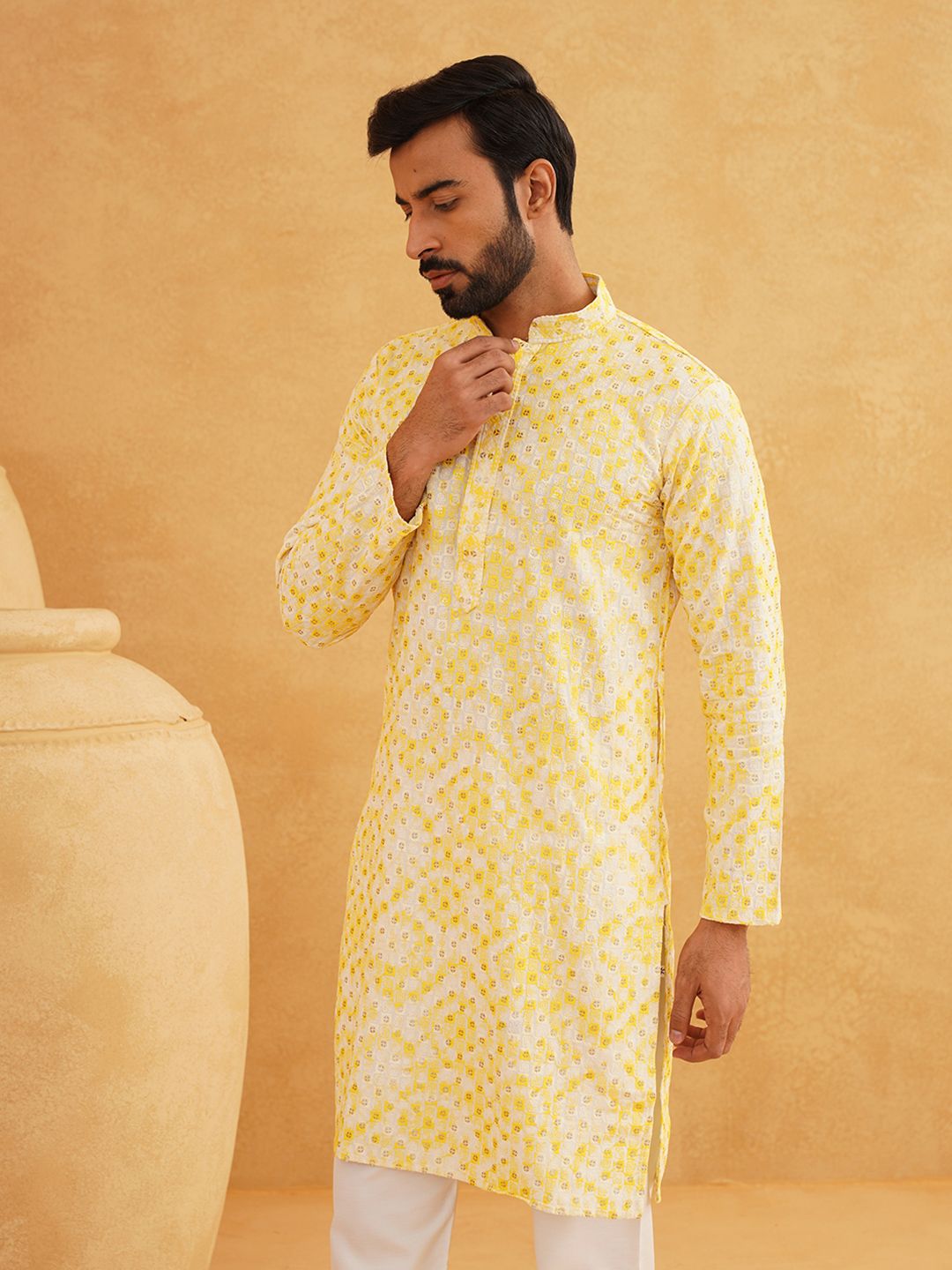 SOJANYA Motif Etnik Bersulam Kolar Mandarin Benang Kerja Kurta Lurus Kapas Tulen