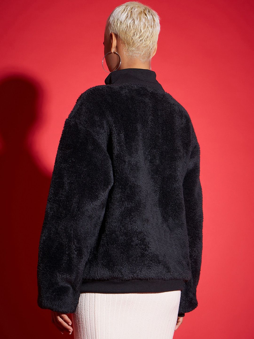 SASSAFRAS Black Mock Collar Faux Fur Trim Detail Bomber Jacket