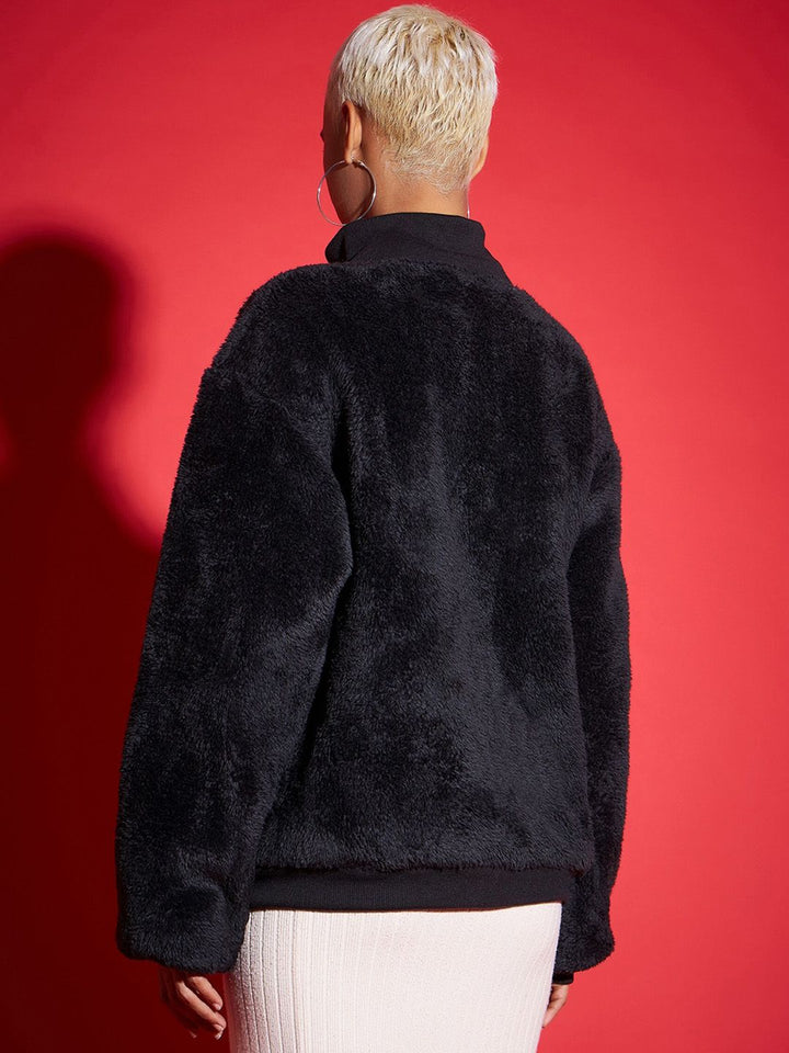 SASSAFRAS Black Mock Collar Faux Fur Trim Detail Bomber Jacket