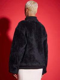 SASSAFRAS Black Mock Collar Faux Fur Trim Detail Bomber Jacket