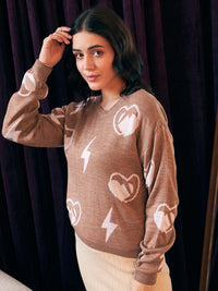 Berrylush Brown Graphic Printed Round Neck Acrylic Pullover Sweater