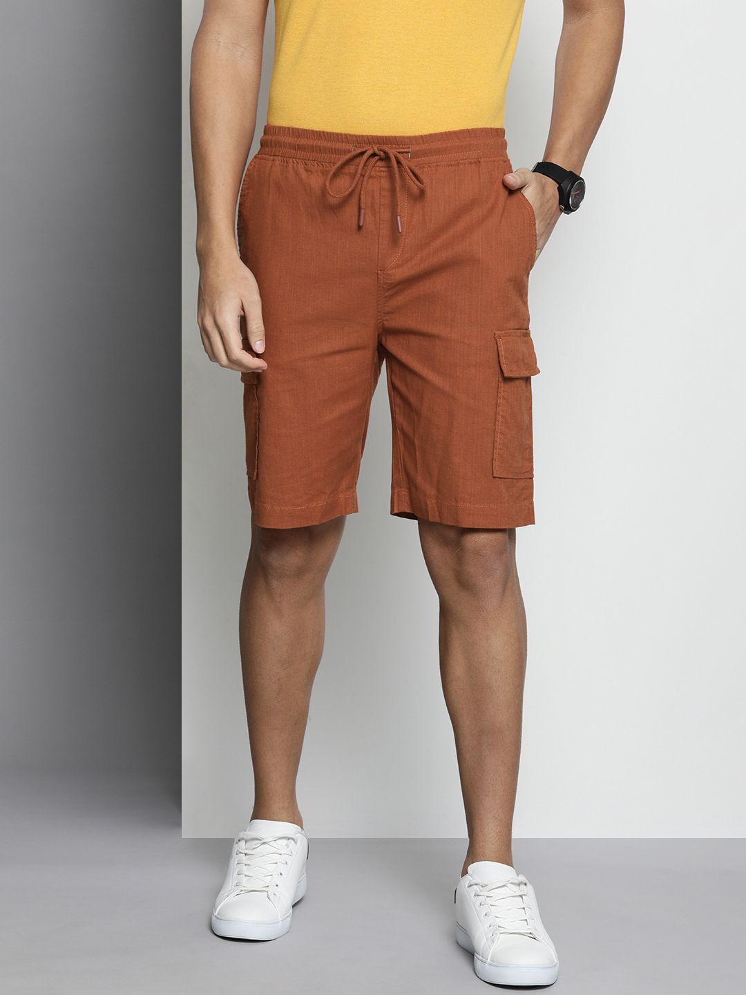 The Indian Garage Co Men Linen Cotton Slim Fit Cargo Shorts