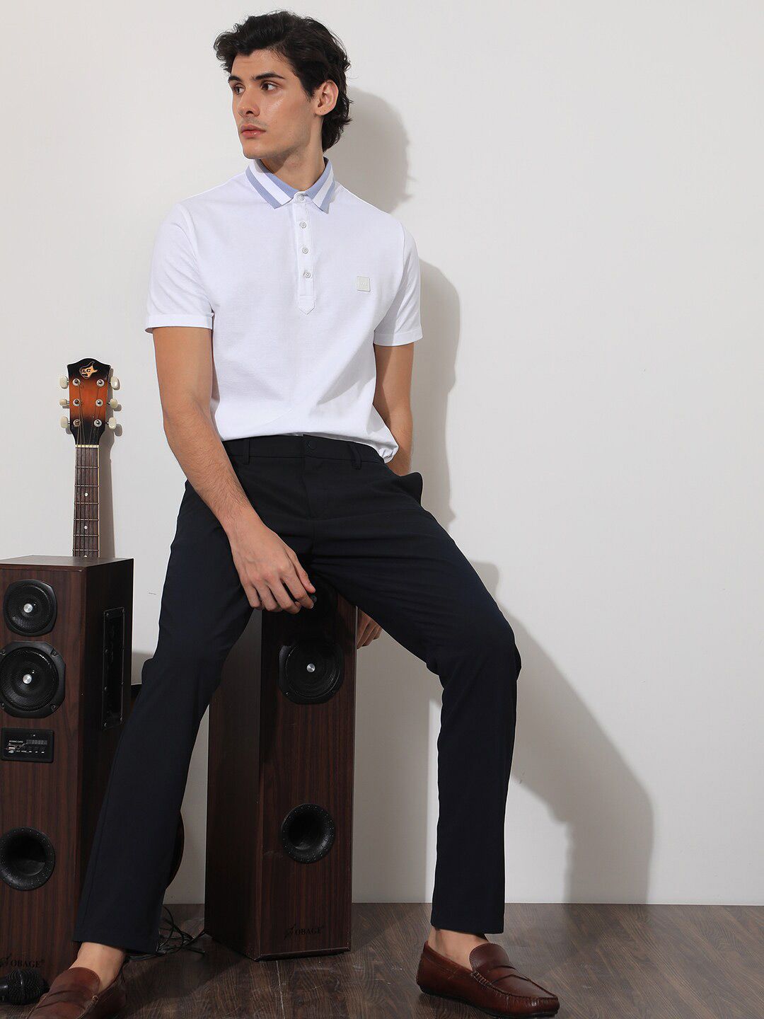 RARE RABBIT Men Divide Polo Collar Slim Fit Cotton T-Shirt