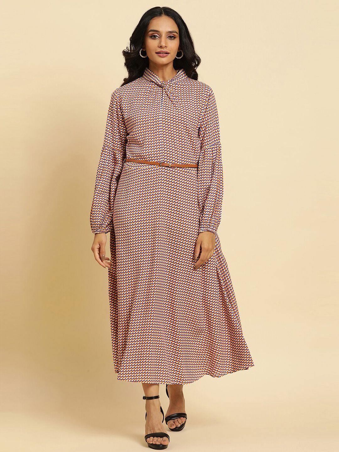 W  Geometric Printed High Neck Maxi Dress