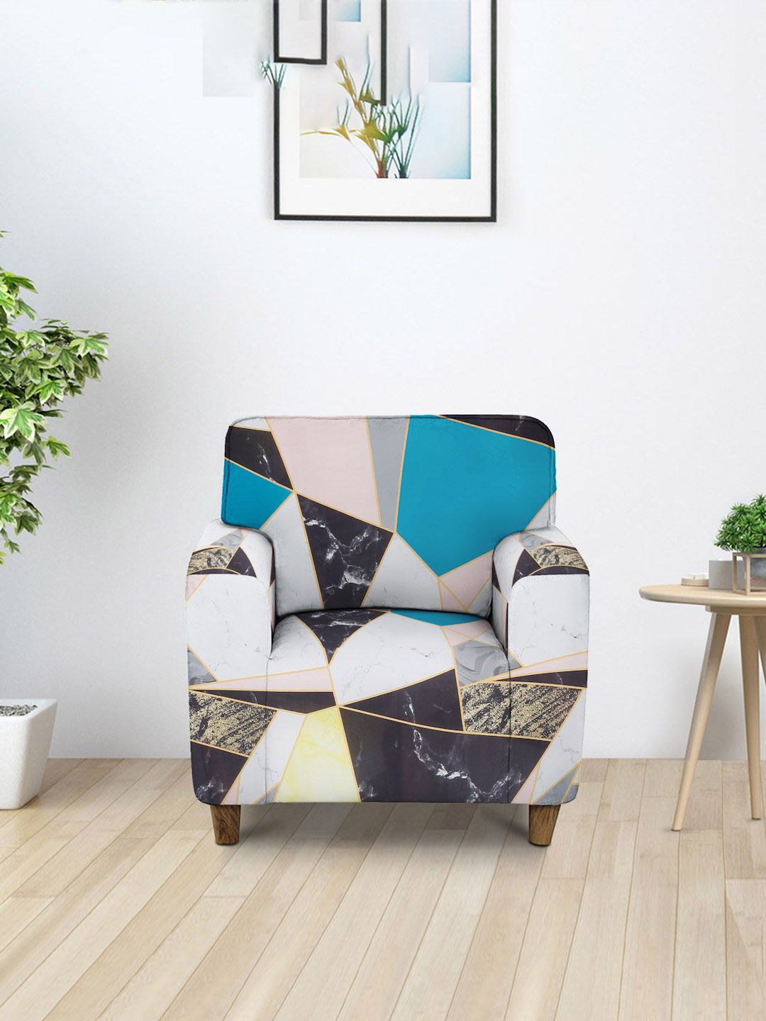 Cortina White & Pink Geometric Printed 1-Seater Sofa Cover