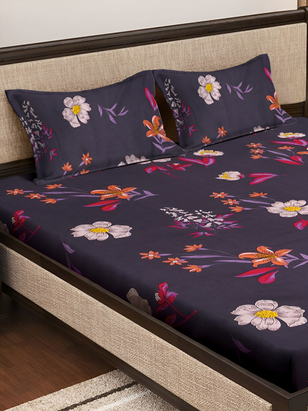 KLOTTHE Purple & Red Floral 300 TC Double King Bedsheet With 2 Pillow Covers