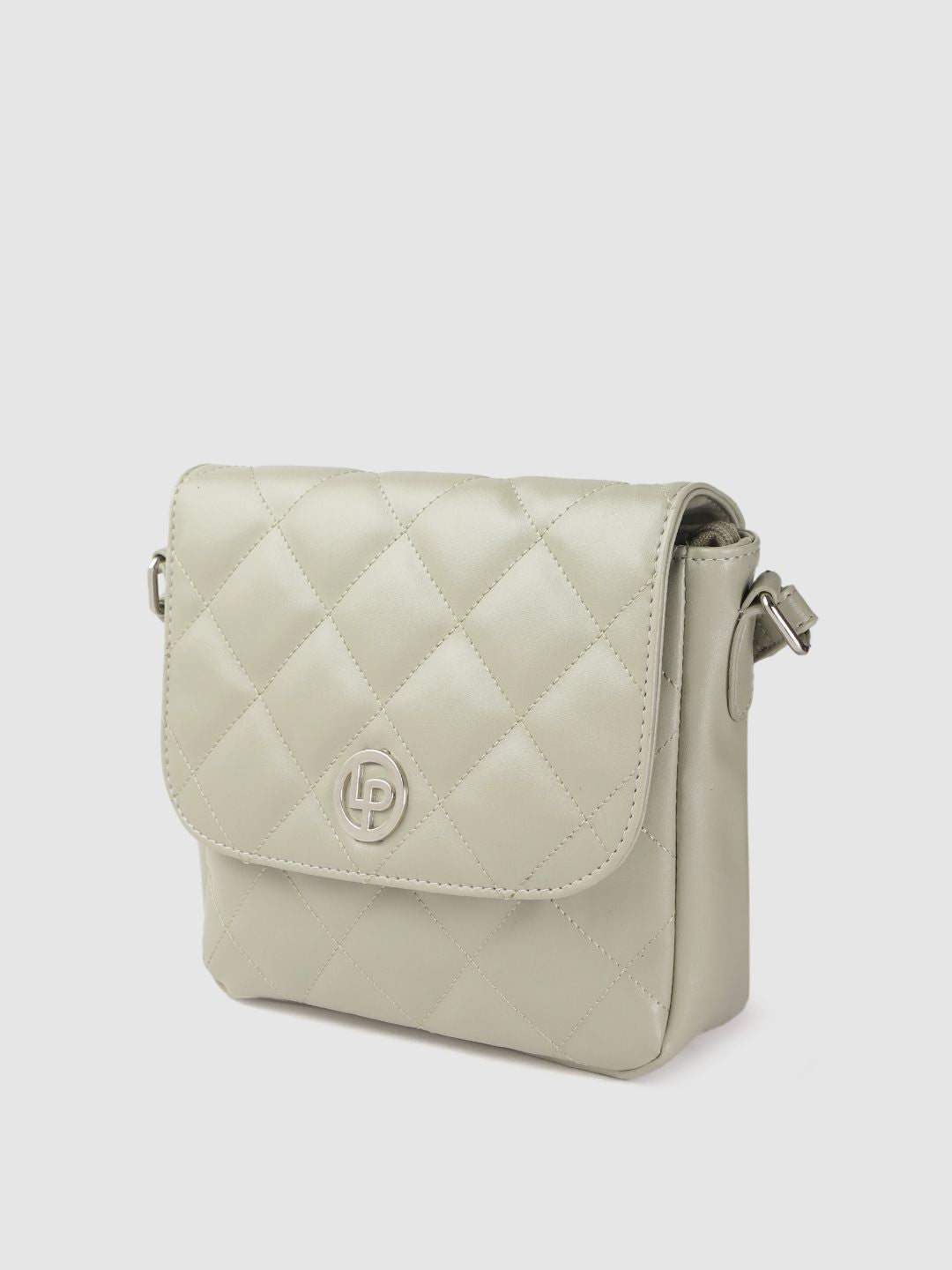 Lino Perros Sage Green Quilted Structured Sling Bag with Non-Detachable Sling Strap