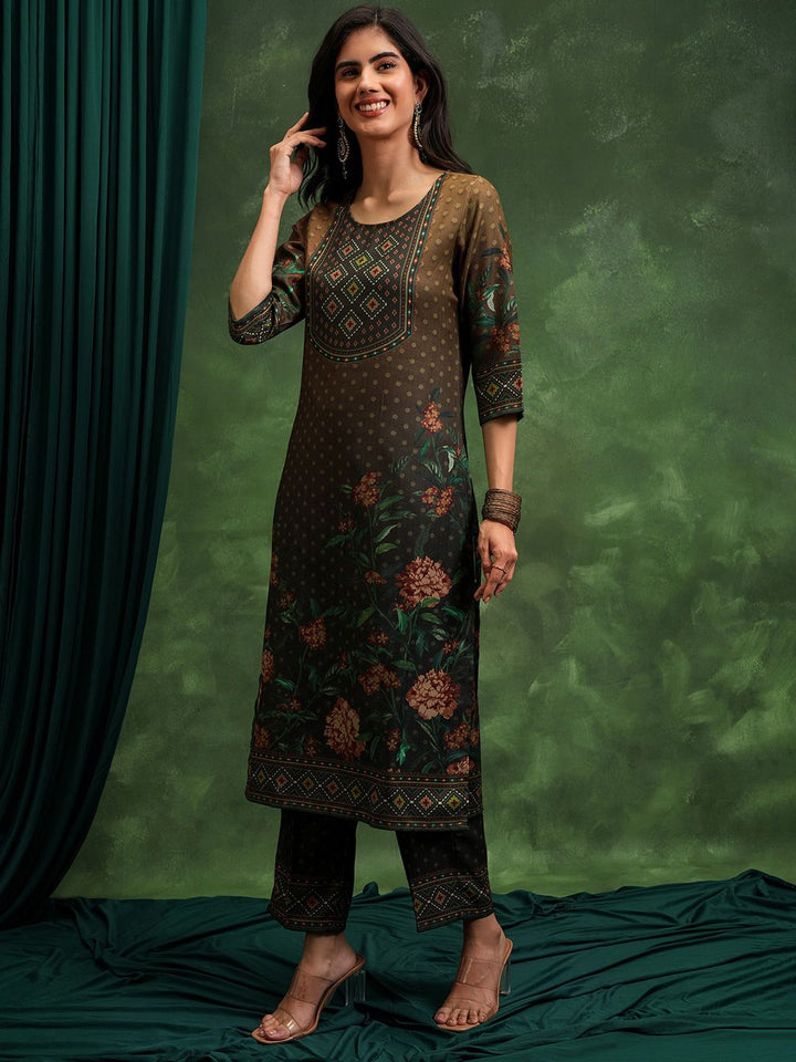 Vishudh Brown Floral Printed Regular Kurta with Trousers & Dupatta