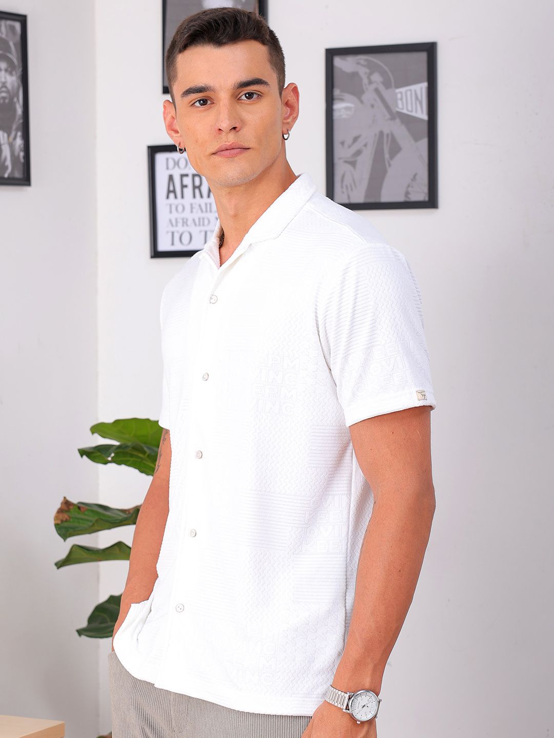 The Indian Garage Co Men Slim Fit Textured Terry Knit Resortwear Shirt