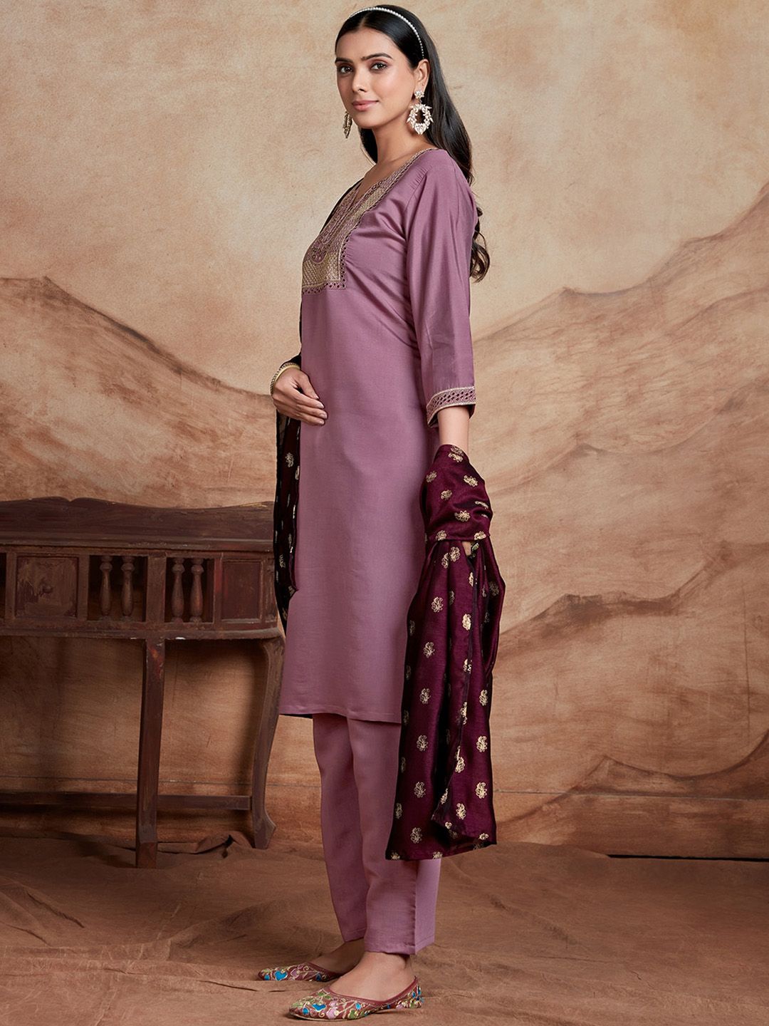 KALINI Ethnic Motifs Embroidered Chanderi Silk Straight Kurta With Palazzos & Dupatta