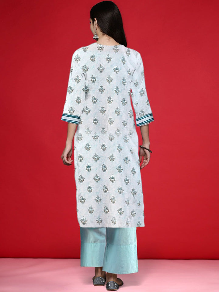 Indo Era Floral Printed V-Neck Long Sleeves Straight Cotton Kurta