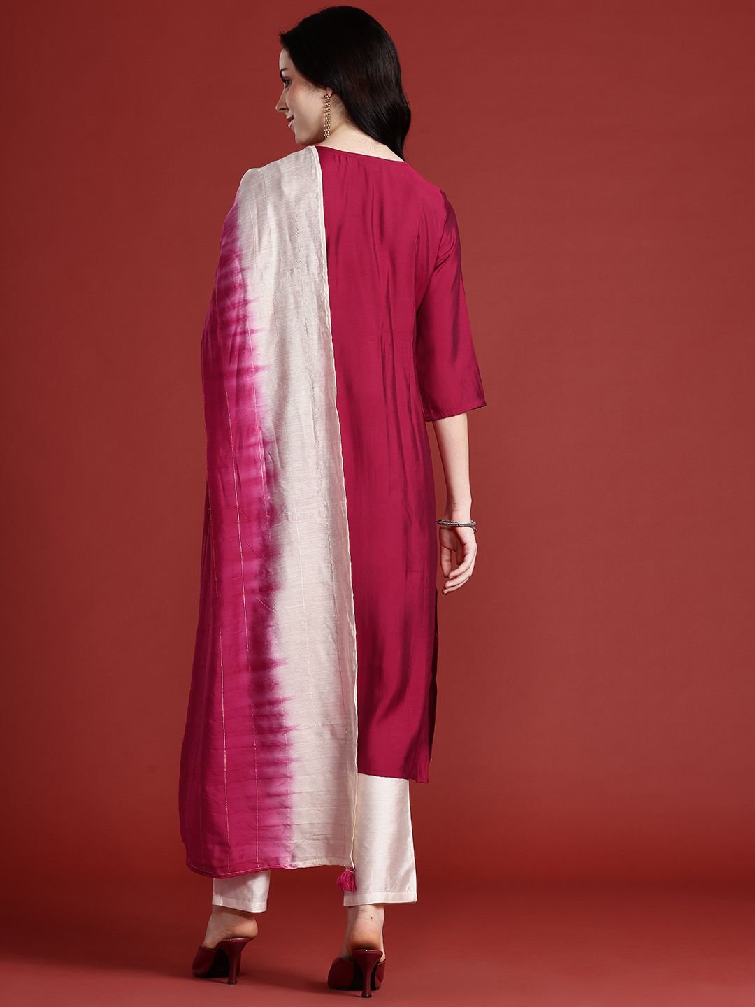 Anouk Floral Yoke Design Empire Style A-Line Kurta with Trousers & Dupatta