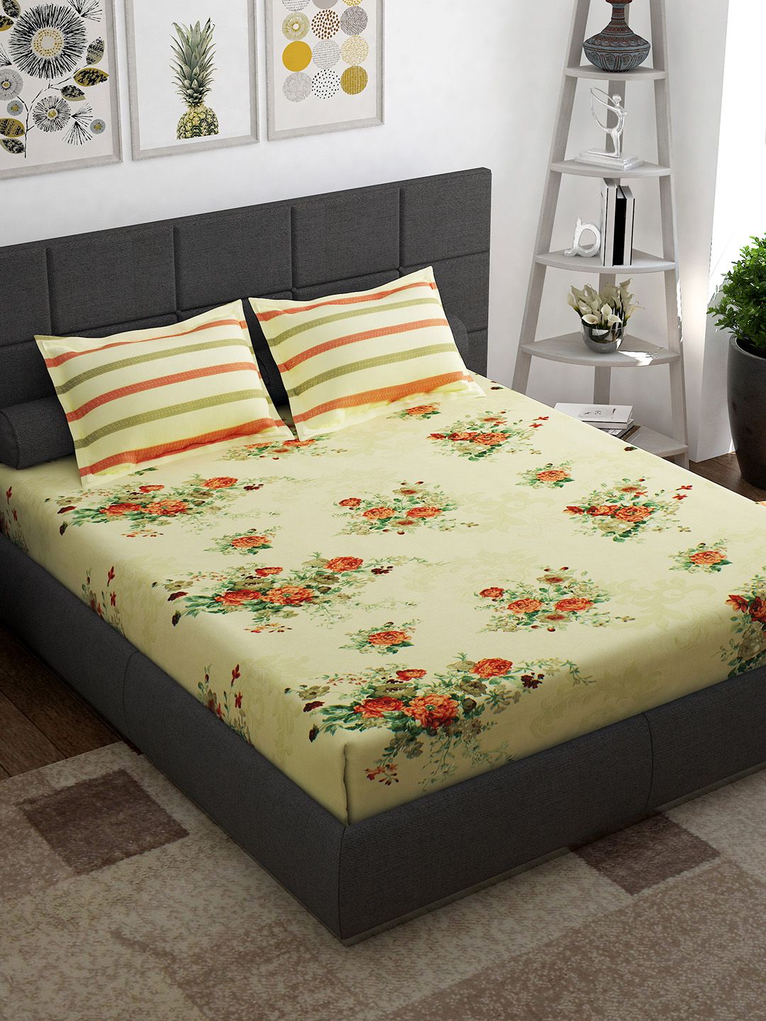 Story@home Ventura Orange Cream-Coloured 144 TC Cotton Queen Bedsheet 2 Pillow Covers