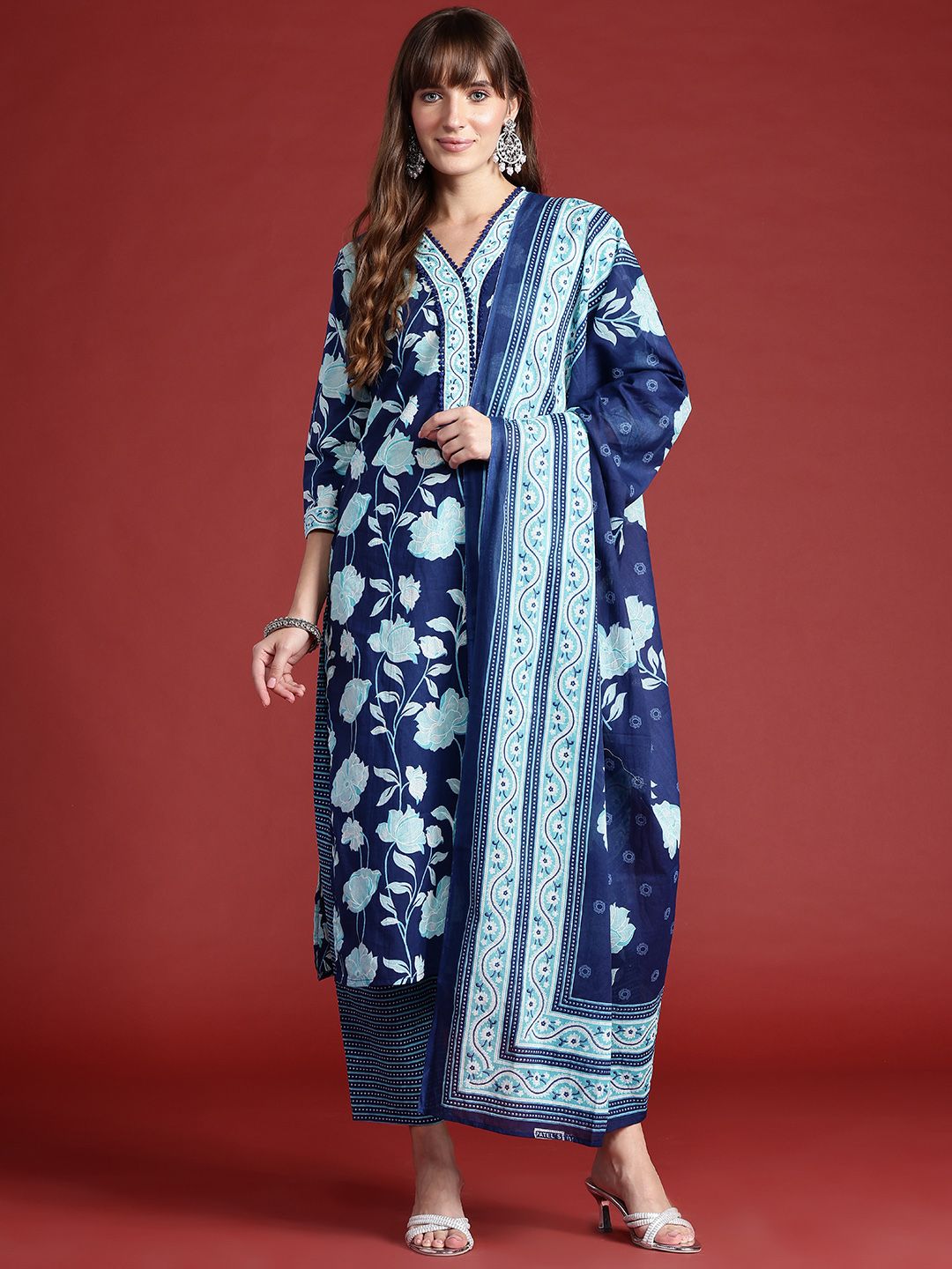 Indo Era Floral Printed Pure Cotton Kurta With Trousers & Dupatta