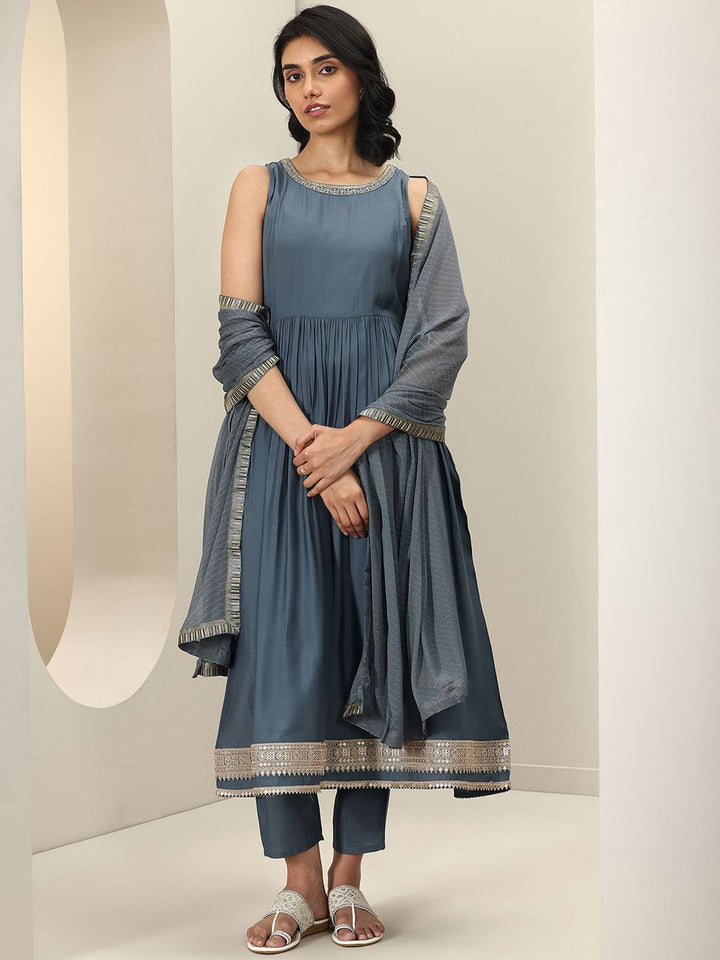 Gerua By Libas Womens Grey Solid Anarkali Kurta With Trousers & Dupatta