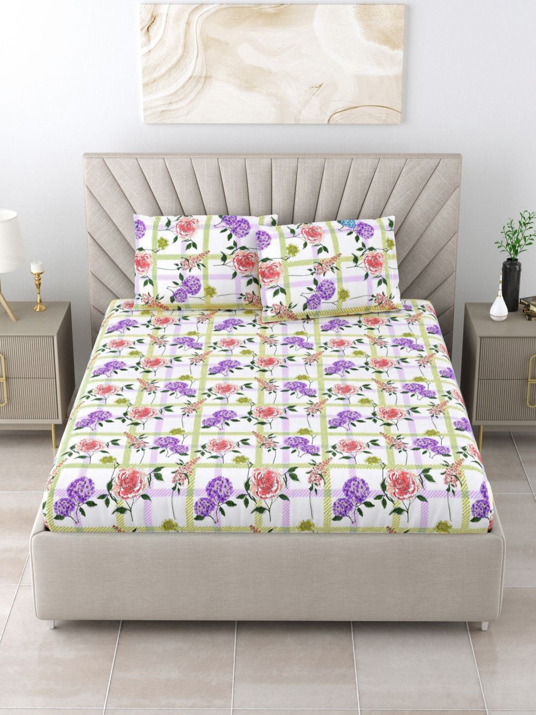 BOMBAY DYEING Florentine White Floral Pure Cotton 144TC Queen Bedsheet Set 2.28 m X 2.54 m