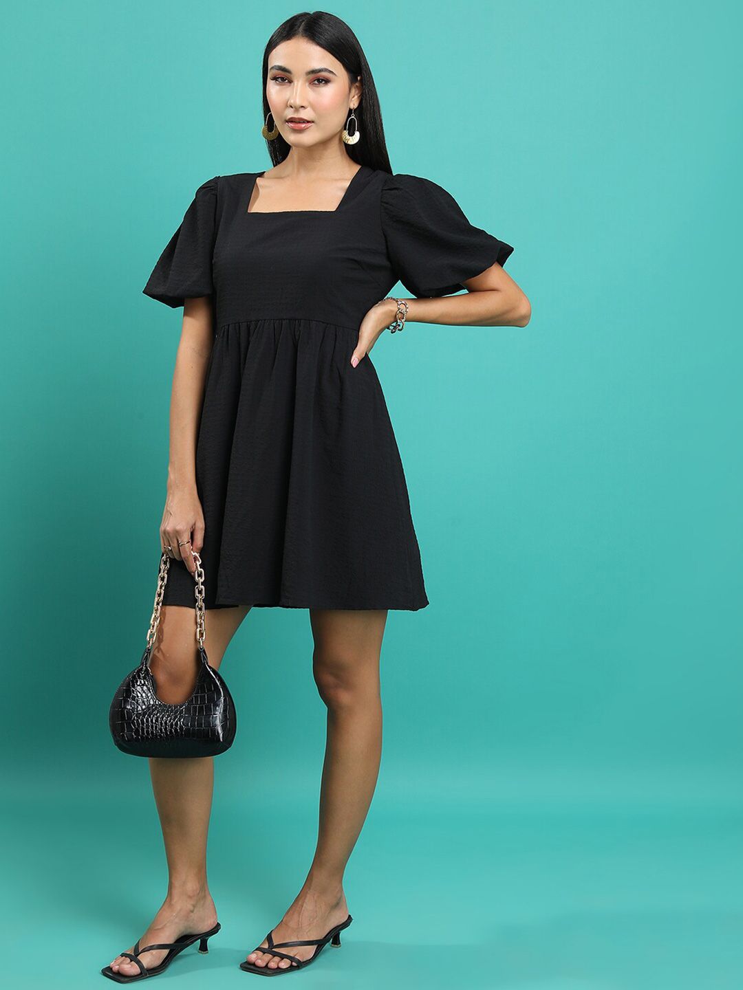 Tokyo Talkies Square Neck Puff Sleeve Gathered Fit & Flare Dress