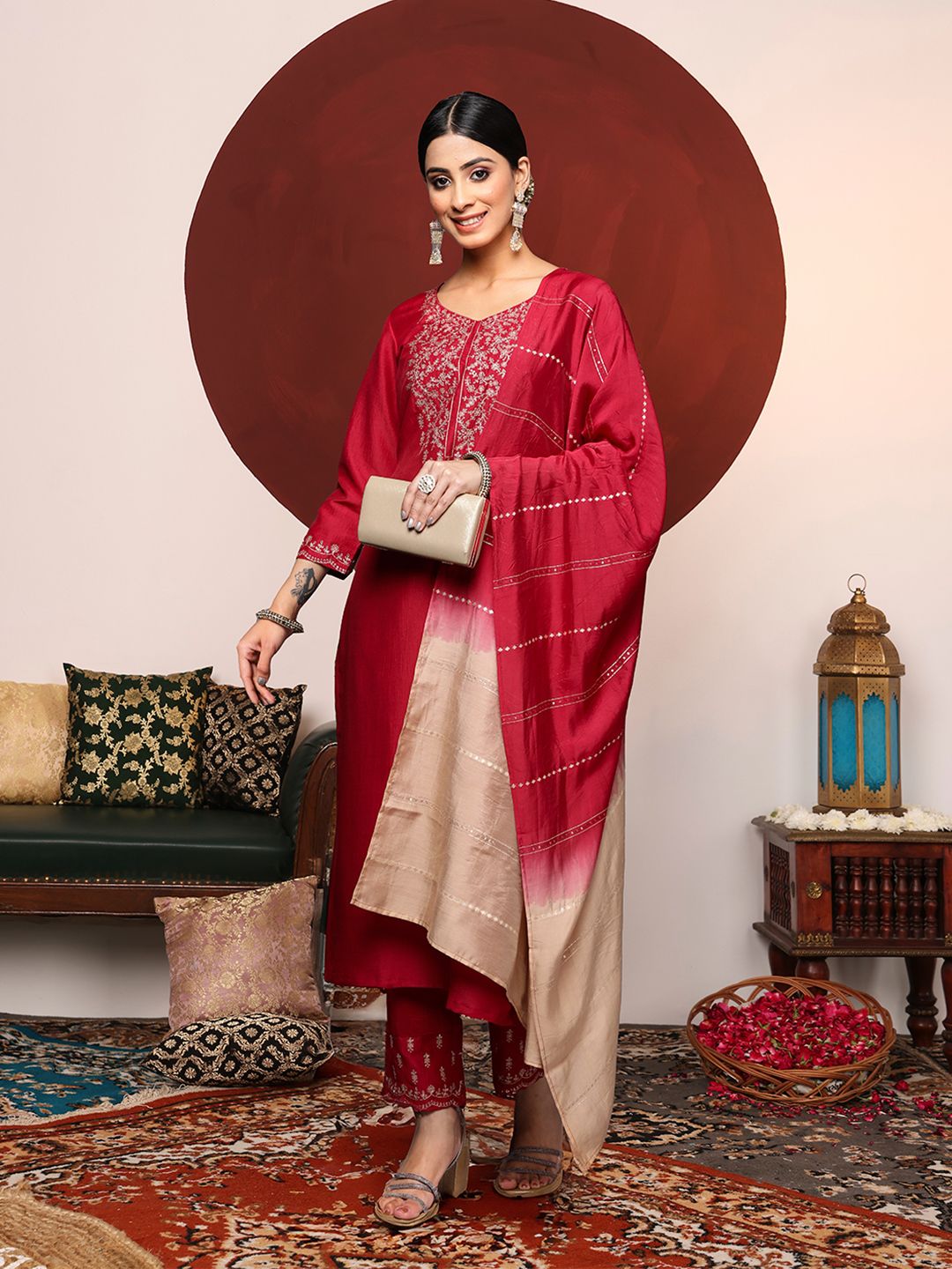 Varanga Women Maroon Yoke Design Kurta with Trousers & With Dupatta