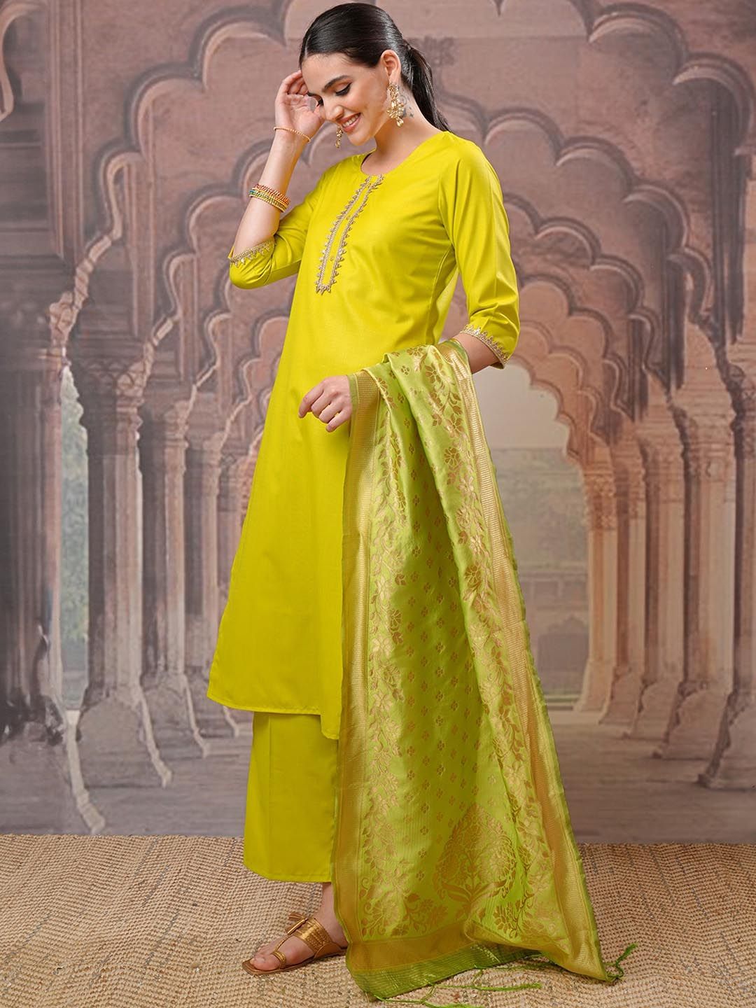 Vishudh Lime Green Gotta Patti Straight Kurta with Palazzo & Dupatta