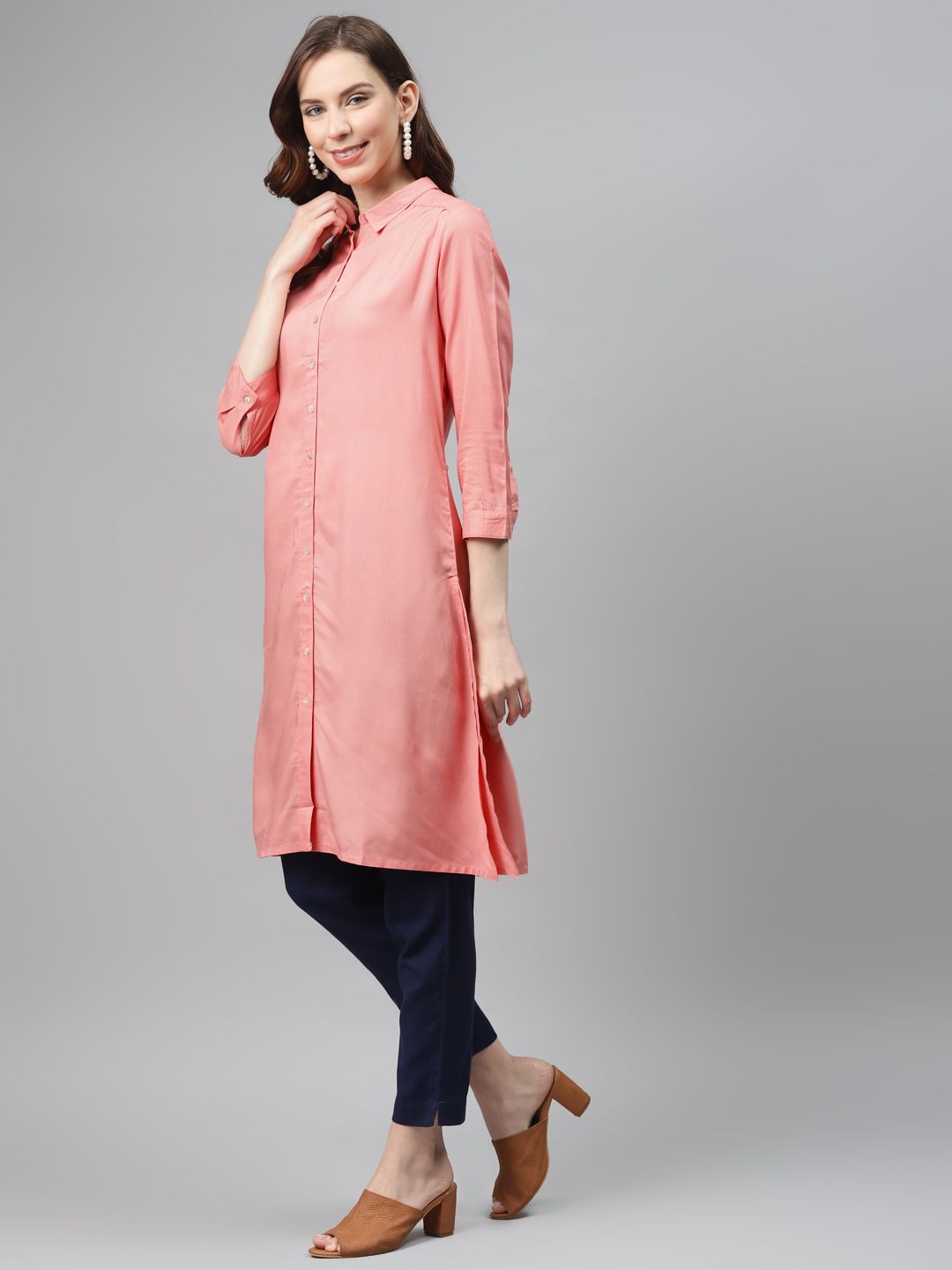 Global Desi Eco Vero Women Pink Solid Straight Fusion Kurta