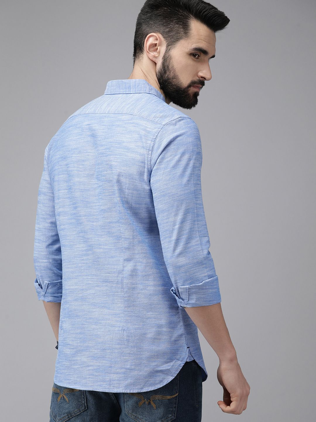 THE BEAR HOUSE Men Blue Self Design Slim Fit Cotton Chambray Shirt