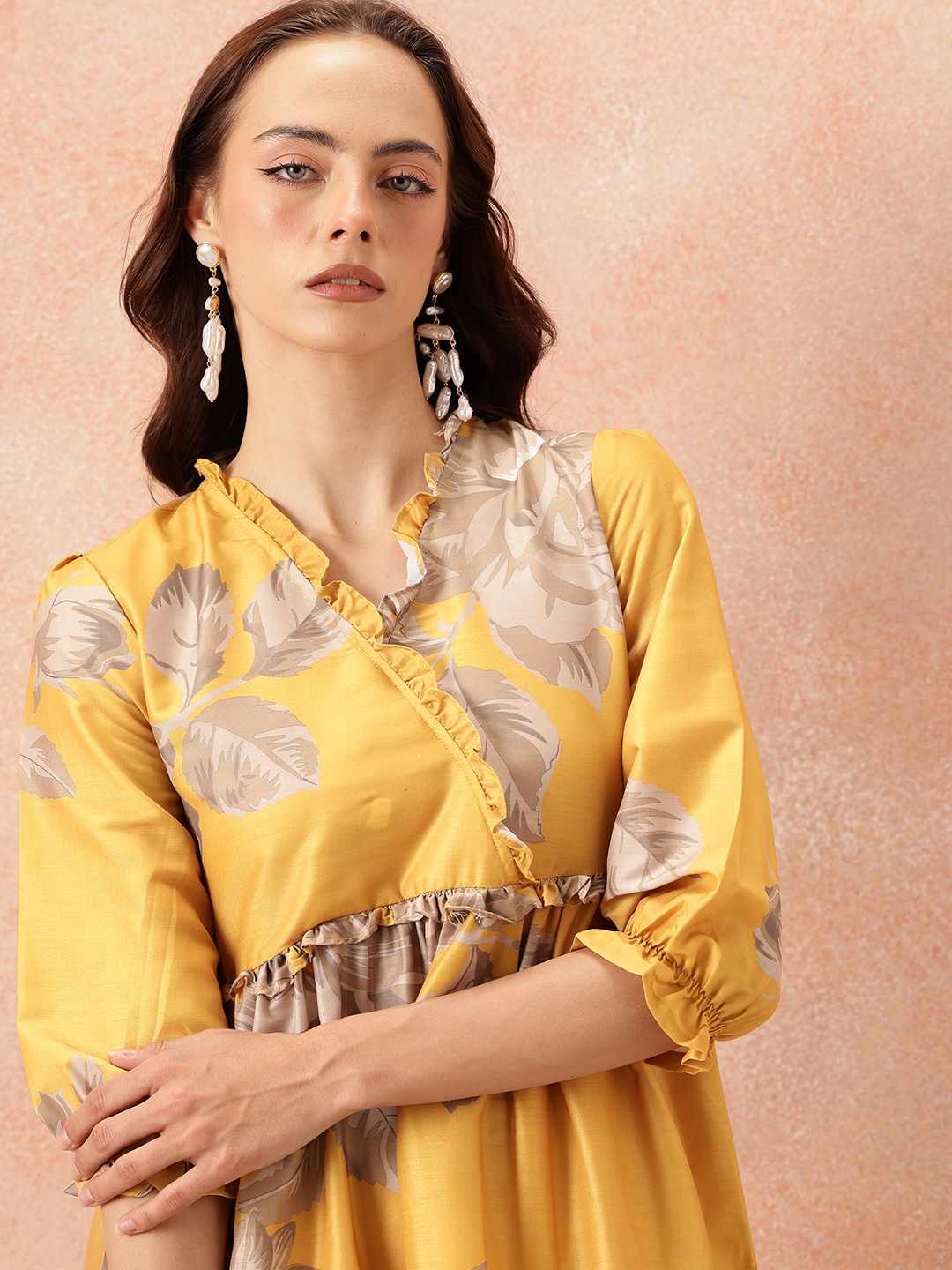 all about you Floral Printed Ruffled Detail Tiered Wrap-Style Midi Fit & Flare Dress