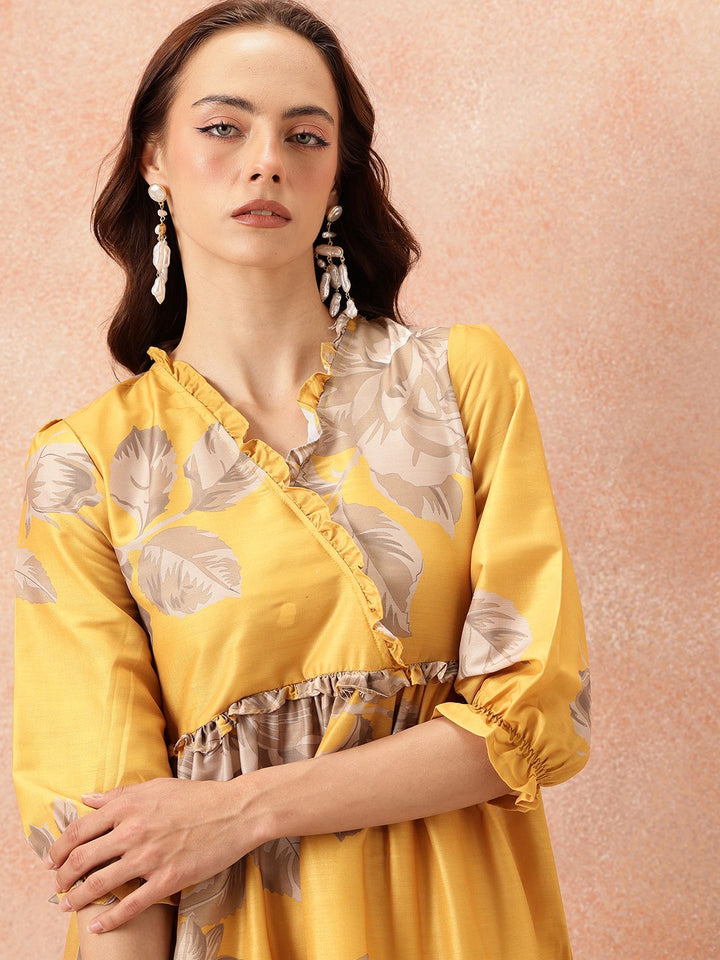 all about you Floral Printed Ruffled Detail Tiered Wrap-Style Midi Fit & Flare Dress