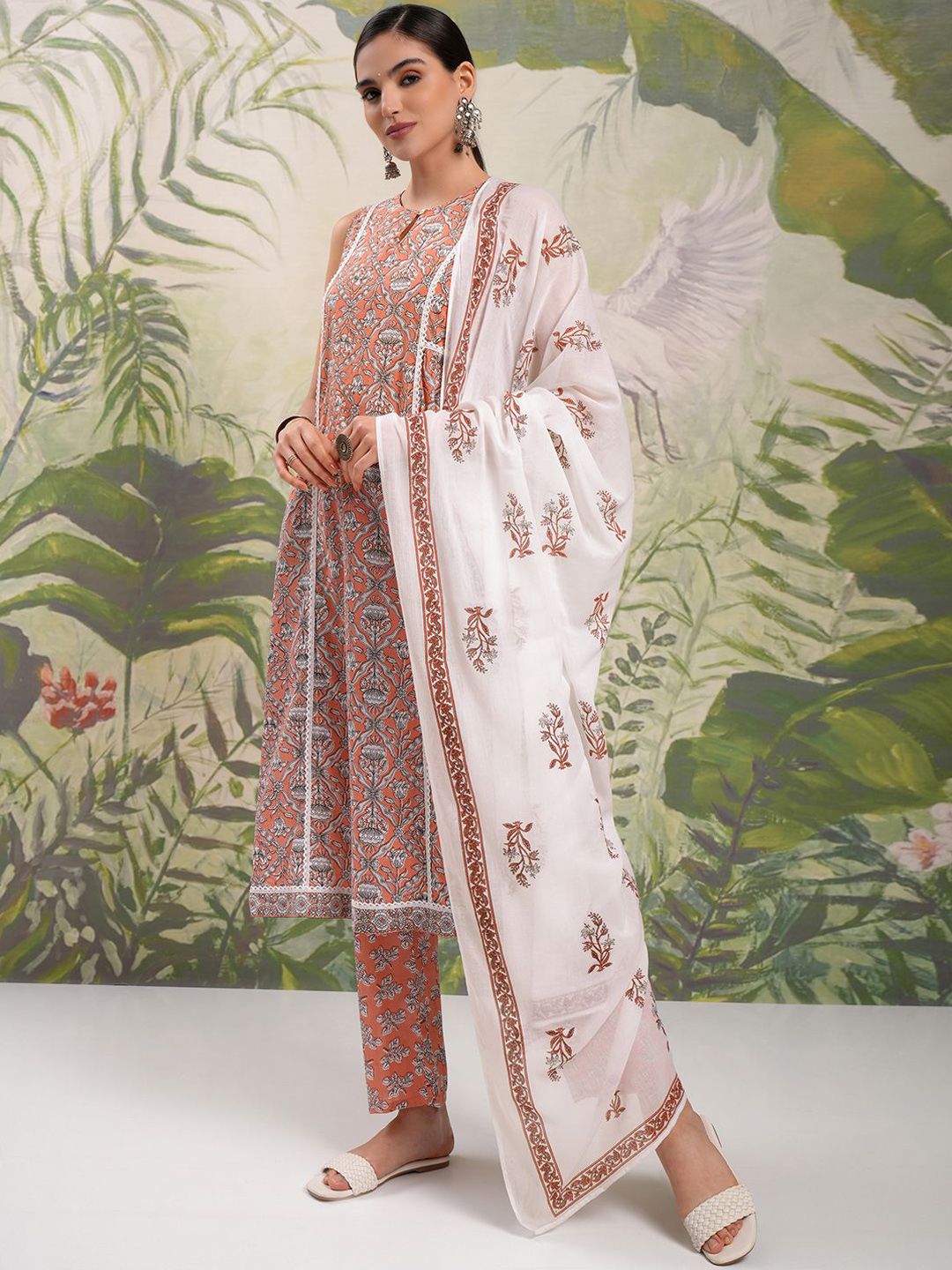 Vishudh Brown Floral Printed Keyhole Neck Pure Cotton A-Line Kurta With Trousers & Dupatta
