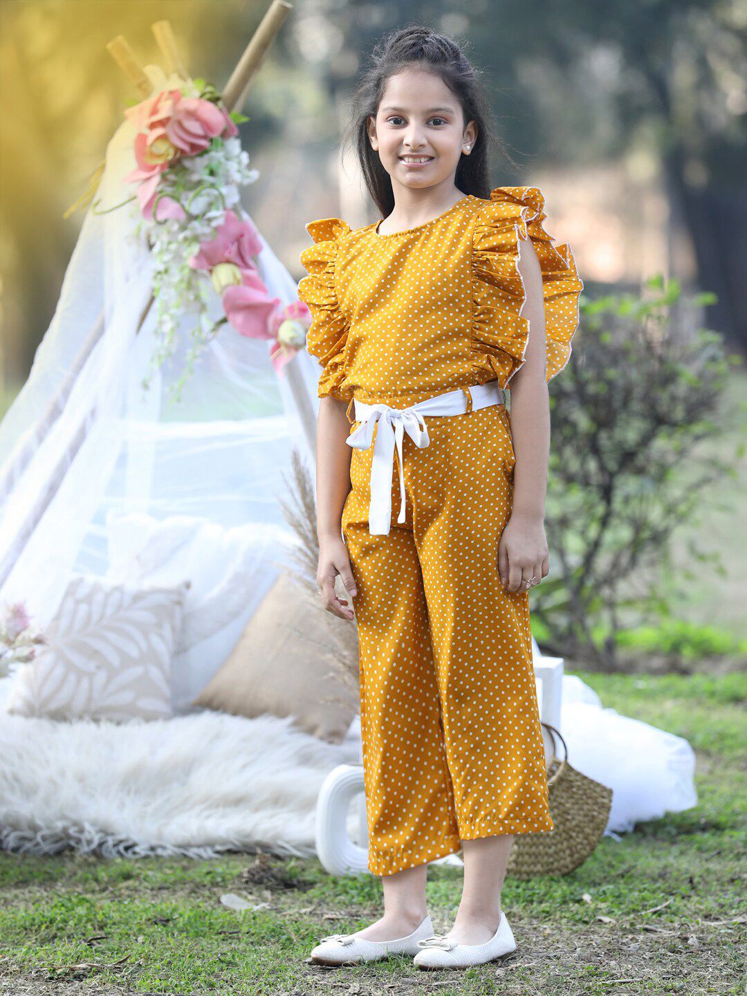 Cutiekins Girls Printed Capri Jumpsuit With Ruffles