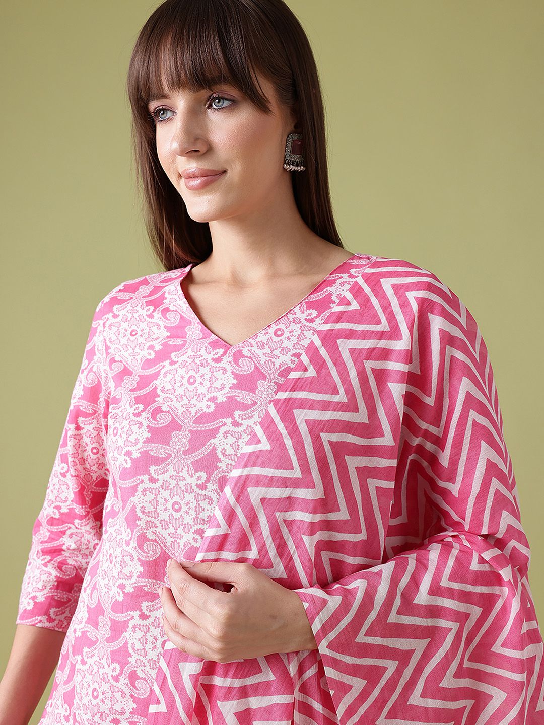 Anouk Floral Printed Pure Cotton Straight Kurta with Trousers & Dupatta