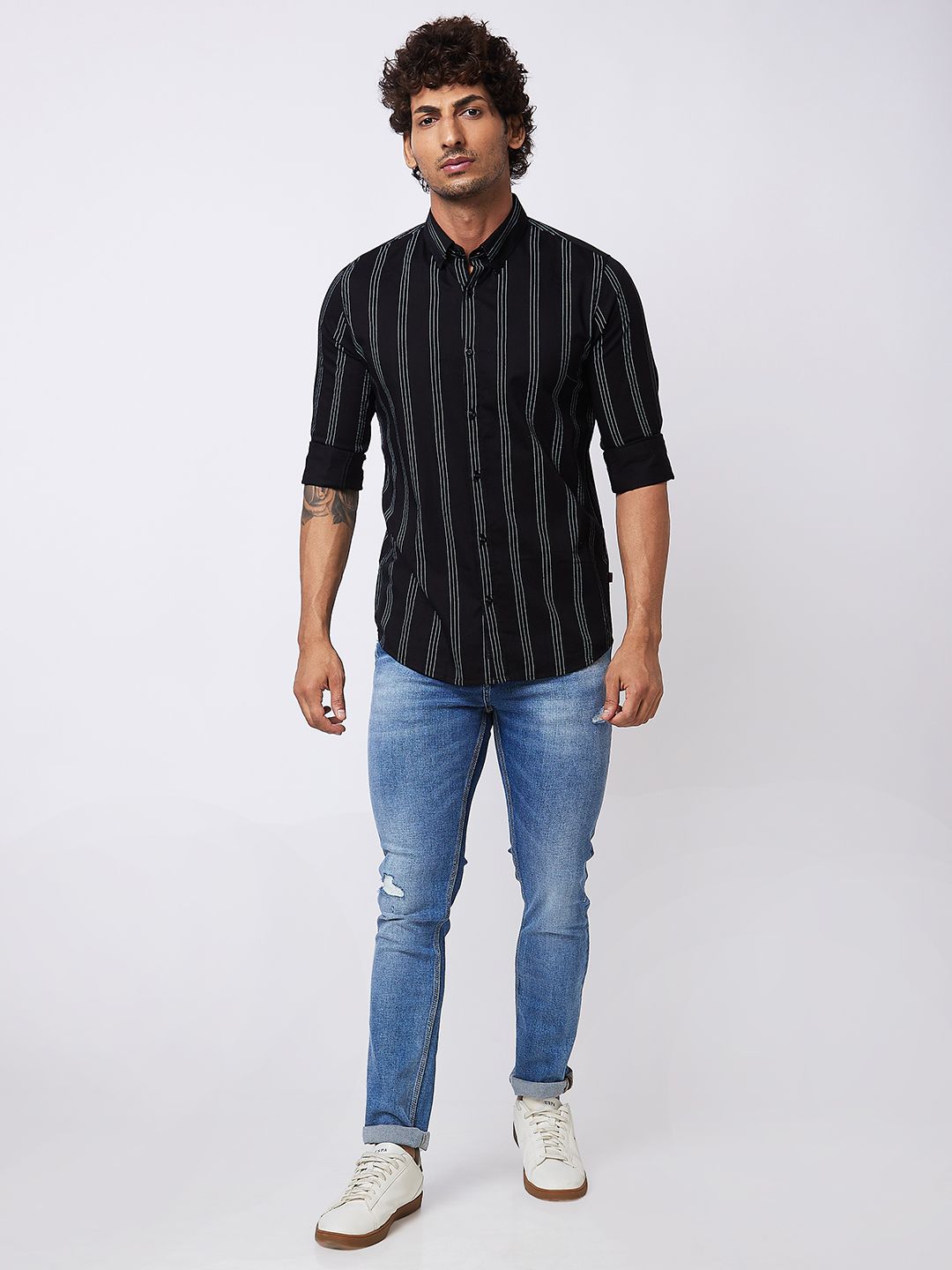 SPYKAR Vertical Stripes Spread Collar Long Sleeves Cotton Casual Shirt