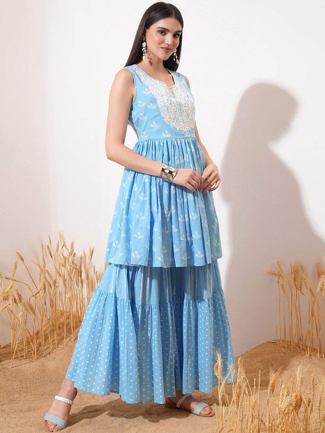 Vishudh Blue Floral Printed Sleeveless Pure Cotton A-Line Kurta With Sharara & Dupatta
