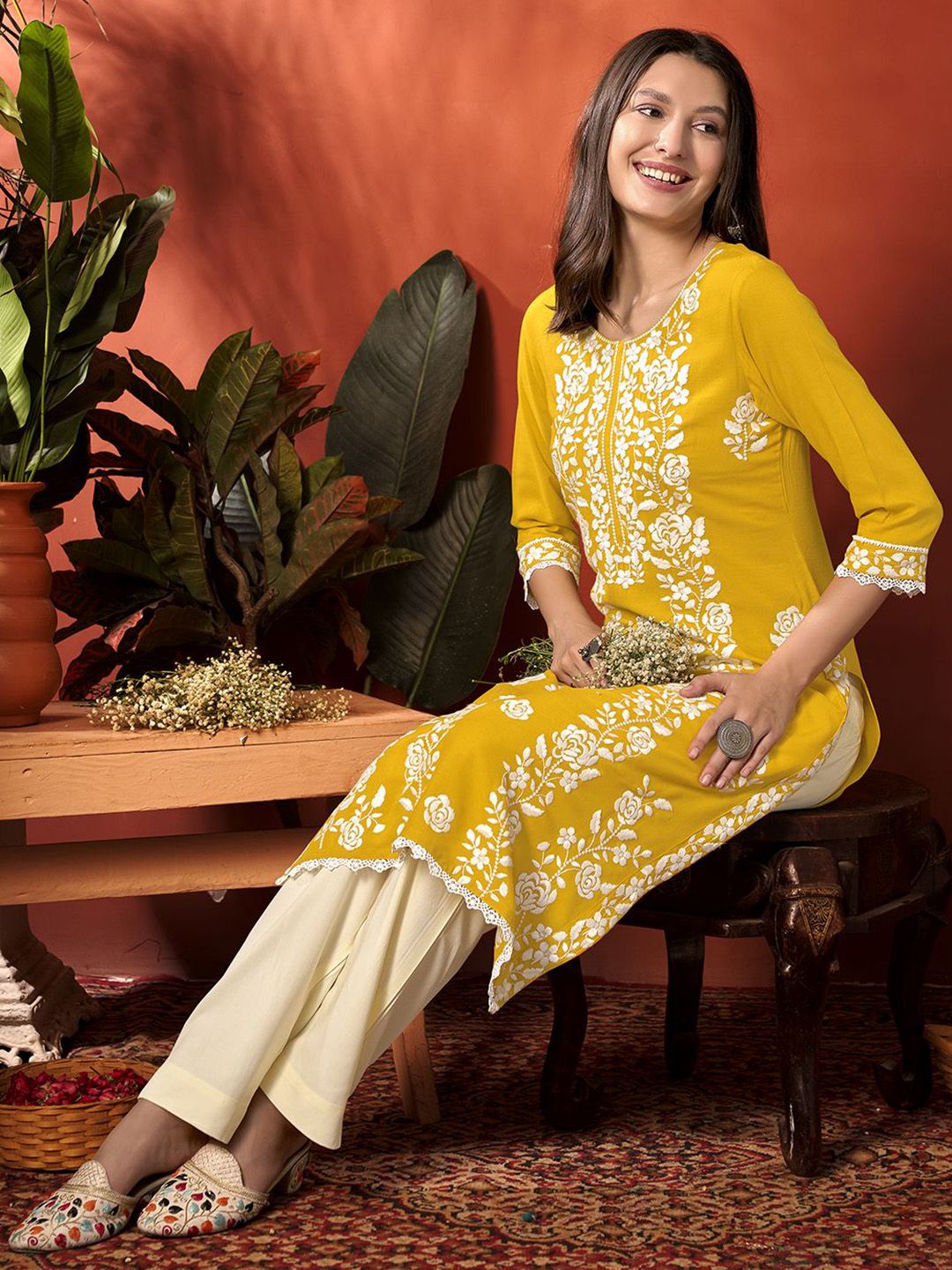 Anouk Yellow Floral Embroidered Round Neck Straight Kurta