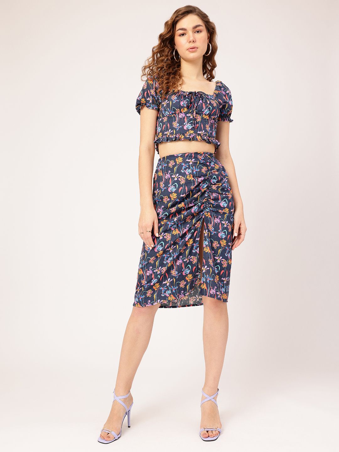 DressBerry Floral Frenzy Slit Statement Ruched Chic Co-ord