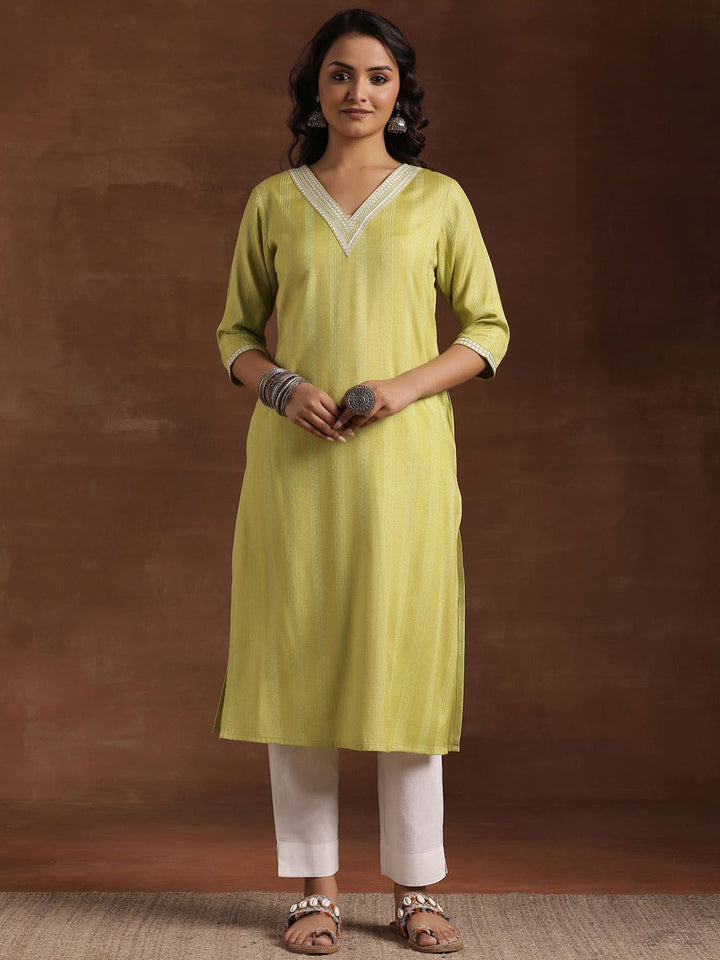 Libas Striped V-Neck Thread Work Dobby Straight Kurta