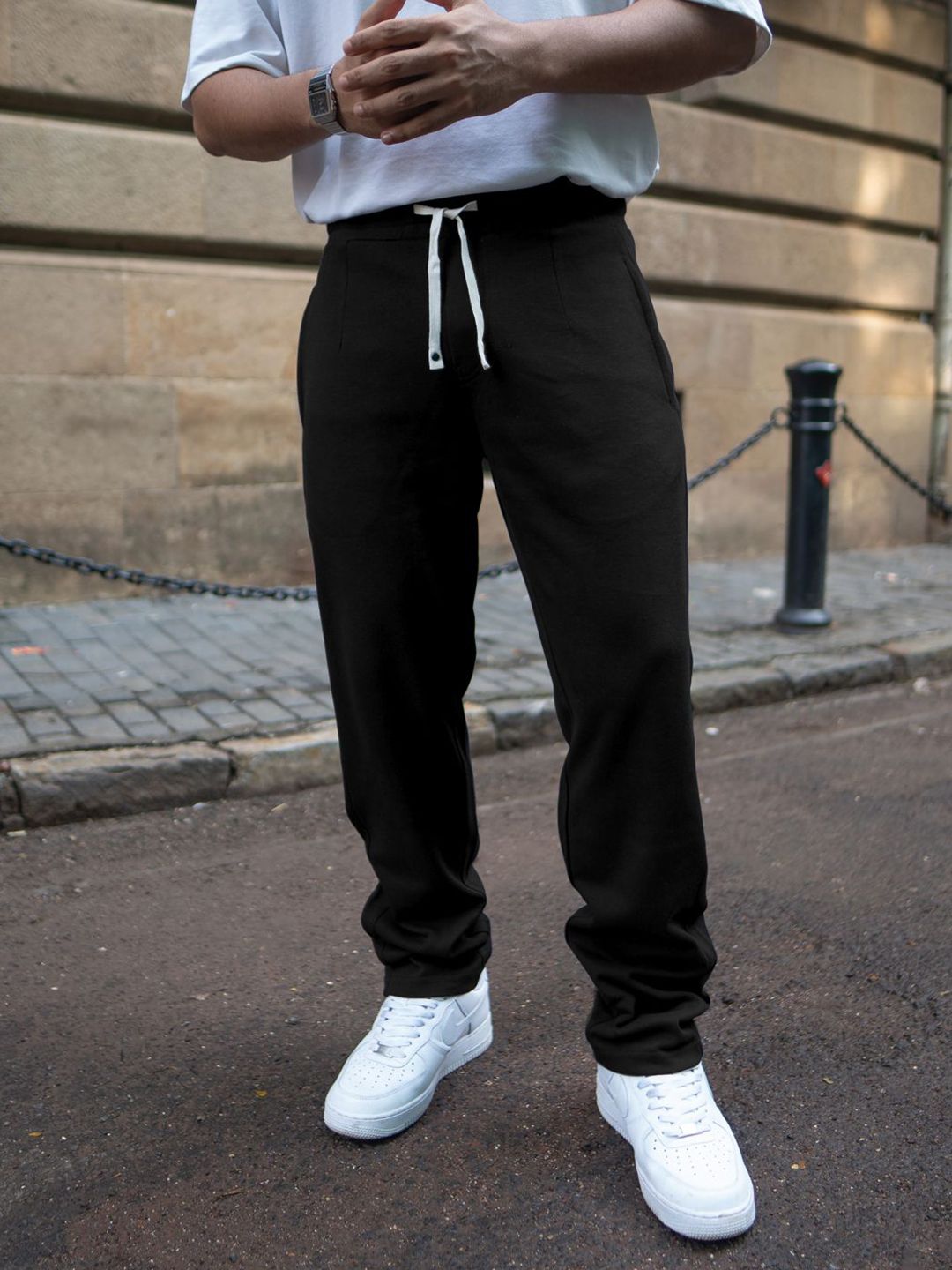 Powerlook Men Black Knitted Regular Fit Mid-Rise Cotton Track Pant