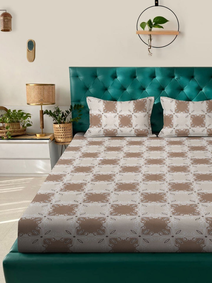 Myntra Elegant Homes Brown Floral Pure Cotton 400 TC King Superfine Bedsheet with 2 Pillow Covers-98 x 89 inches