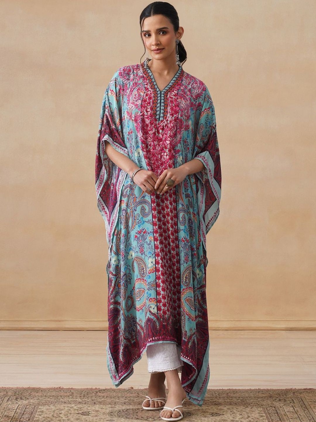 House of Chikankari Women Printed Chikankari Crepe Kaftan Kurta