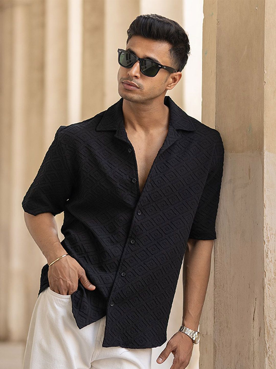 Powerlook Men Oversized Fit Cuban Collar Textured Casual Shirt