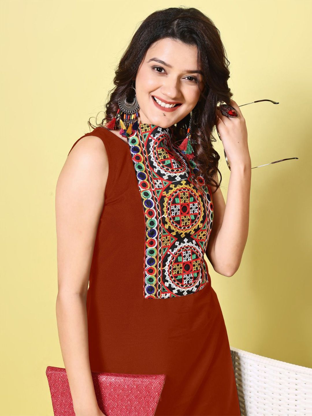 KALINI Women Cotton Blend Embroidered High Neck Straight Kurta