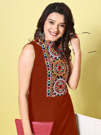KALINI Women Cotton Blend Embroidered High Neck Straight Kurta