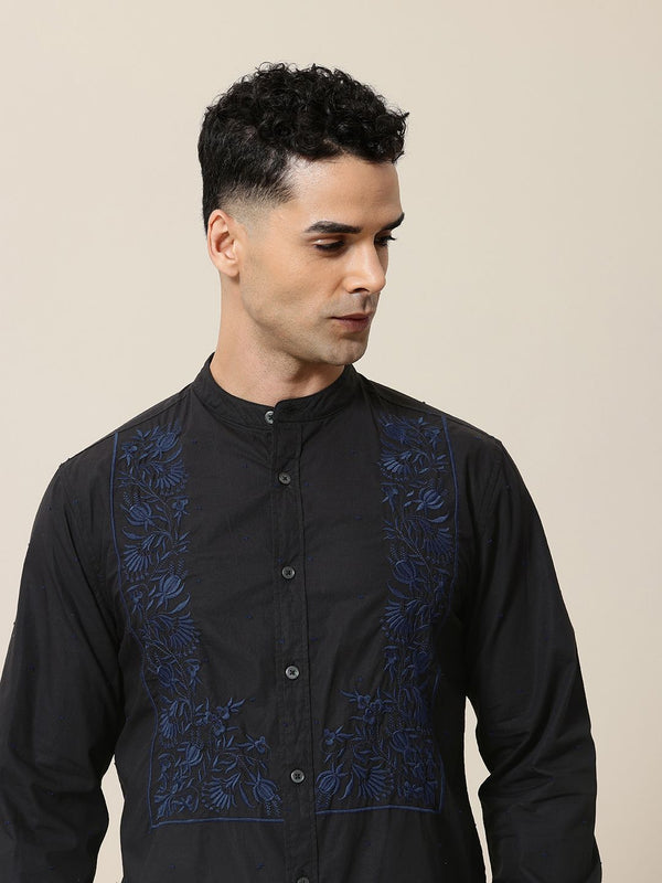 Mr Bowerbird Tailored Fit Floral Embroidered Band Collar Pure Cotton Casual Shirt