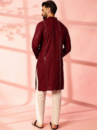 Anouk Striped Embroidered Mandarin Collar Sequinned Cotton Straight Kurta