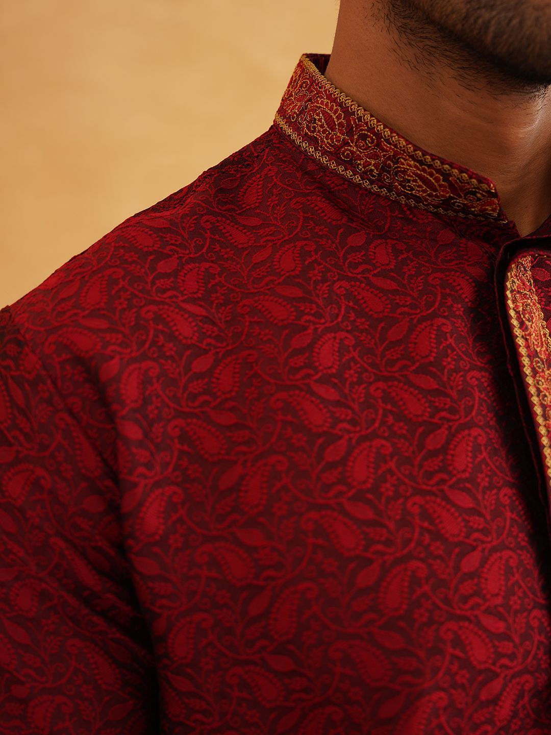 SOJANYA Woven Design Embroidered Band Collar Kurta With Churidar