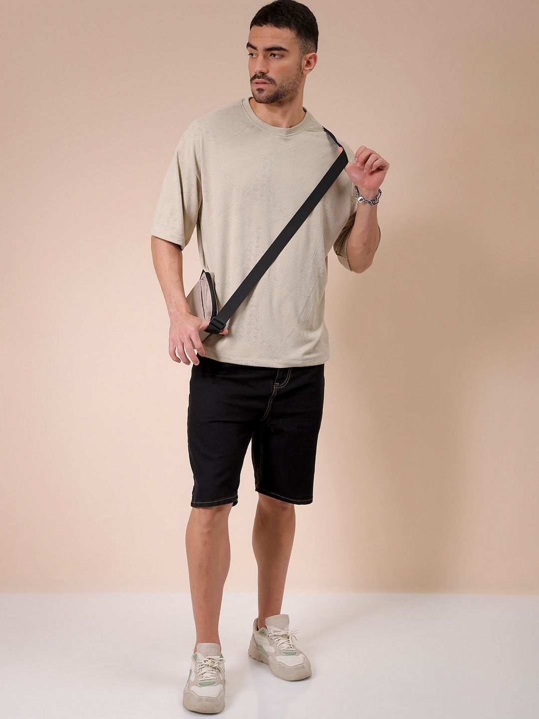 The Indian Garage Co Men Self Design Round Neck Oversized T-shirt