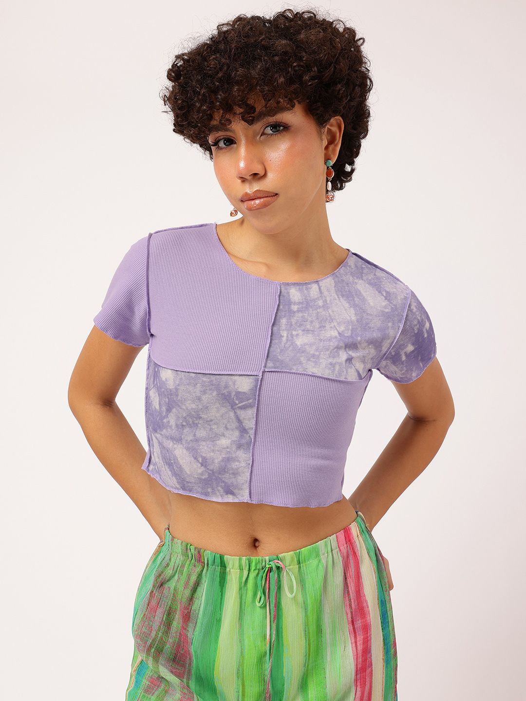 Lavender Tie-Dye Ribbed Crop Top with Round Neck