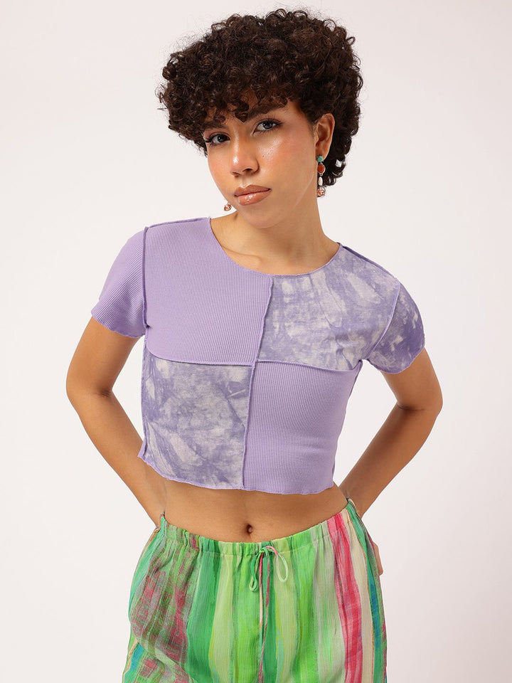 Lavender Tie-Dye Ribbed Crop Top with Round Neck